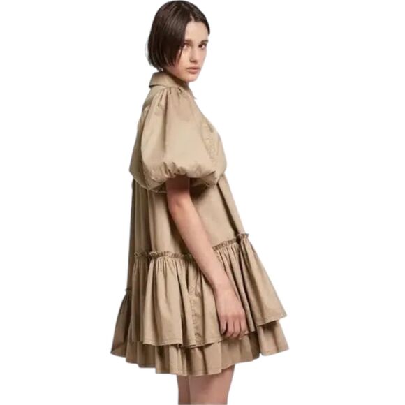 J.ING Mini Shirt Dress Sz Small Khaki Brown Tiered Short Puff Sleeves - Picture 4 of 10